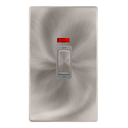 50a Ingot 2 Gang Double Pole Switch With Neon - Brushed Steel Cover Plate - Grey Insert