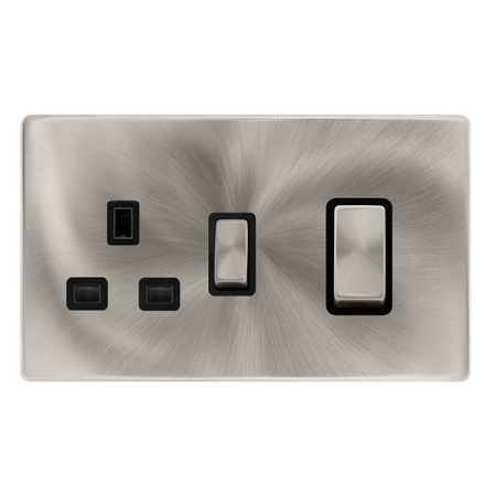 50a Ingot Double Pole Switch With 13a Double Pole Switched Socket - Brushed Steel Cover Plate - Black Insert