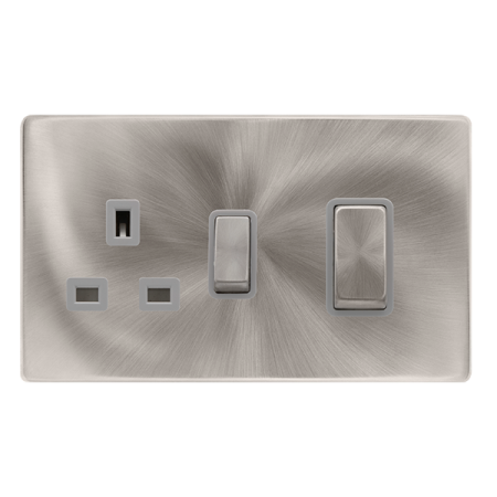 50a Ingot Double Pole Switch With 13a Double Pole Switched Socket - Brushed Steel Cover Plate - Grey Insert