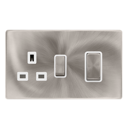 Click Definity Complete Brushed Steel with White Insert Screwless 2 Gang 50A Double Pole Switch with 13A Socket Outlet SFBS504PW