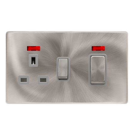 Click Definity Complete Brushed Steel with Grey Insert Screwless 2 Gang 50A Double Pole Switch with 13A Socket Outlet with Neon SFBS505GY