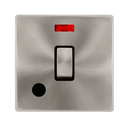 20a Ingot Double Pole Switch With Neon & Flex Outlet - Brushed Steel Cover Plate - Black Insert
