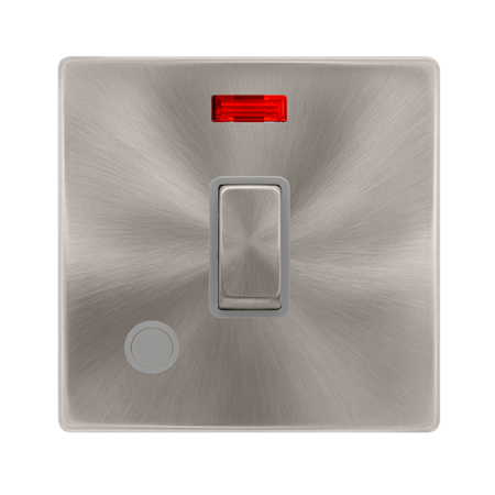 20a Ingot Double Pole Switch With Neon & Flex Outlet - Brushed Steel Cover Plate - Grey Insert