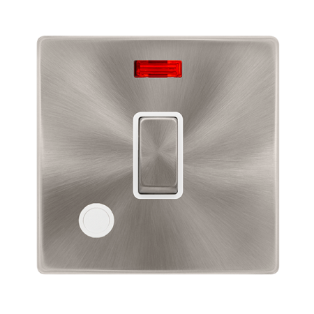 20a Ingot Double Pole Switch With Neon & Flex Outlet - Brushed Steel Cover Plate - Polar White Insert