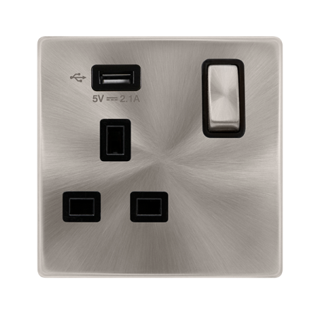 Click Definity Screwless 13A Ingot 1 Gang Switched Socket with 2.1A USB Black Insert | SFBS571UBK