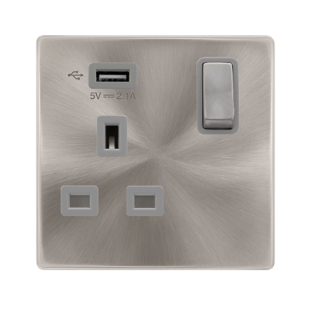 Click Definity Screwless 13A Ingot 1 Gang Switched Socket with 2.1A USB Grey Insert | SFBS571UGY