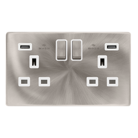 13a Ingot 2 Gang Switched Socket With 2.1a Usb Outlets - Brushed Steel Cover Plate - Polar White Insert