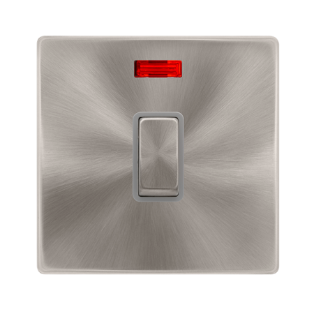 20a Ingot Double Pole Switch With Neon - Brushed Steel Cover Plate - Grey Insert
