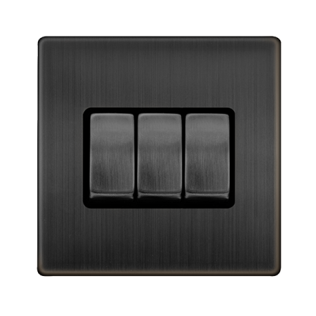 Click Definity Complete Matt Bronze with Black Insert Screwless 3 Gang 2 Way Switch SFBZ413BK