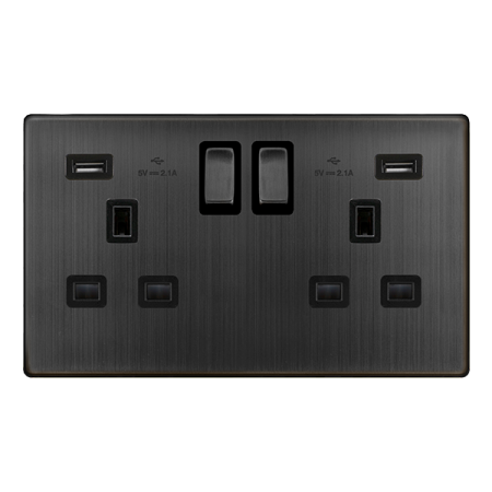 Click Definity Complete Matt Bronze Screwless 2 Gang 13A Double Switched USB Socket SFBZ580BK