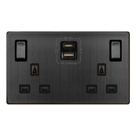 Click Definity Complete Matt Bronze Screwless 2 Gang 13A Double Switched Socket with Type A & C USB SFBZ586BK