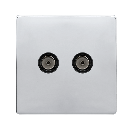 Twin Non-isolated Coaxial Outlet - Polished Chrome Cover Plate - Black Insert