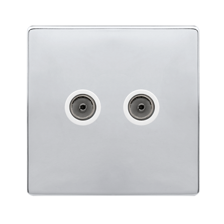 Click Definity Complete Polished Chrome with White Insert Screwless Twin Non-Isolated Coaxial Outlet SFCH066PW