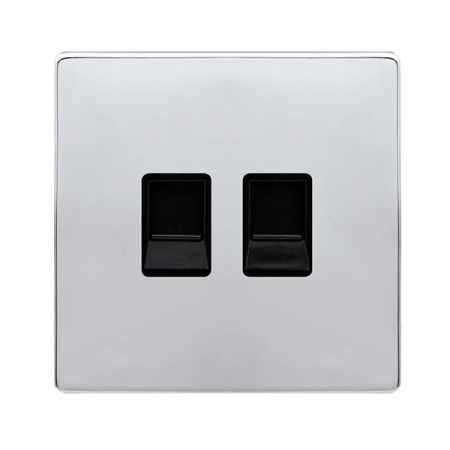 Click Definity Complete Polished Chrome with Black Insert Screwless Twin Secondary Telephone Outlet SFCH126BK