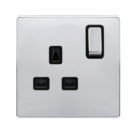 13a Ingot 1 Gang Dp Switched Safety Shutter Socket - Polished Chrome Cover Plate - Black Insert