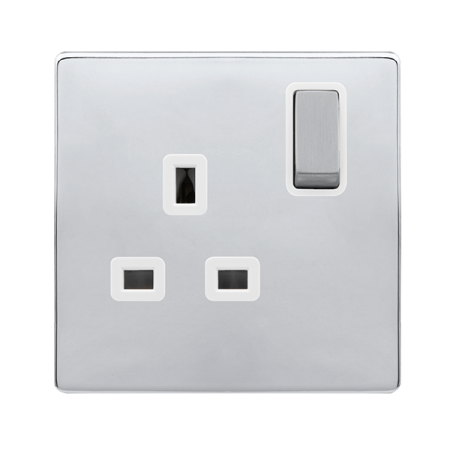 13a Ingot 1 Gang Dp Switched Safety Shutter Socket - Polished Chrome Cover Plate - Polar White Insert