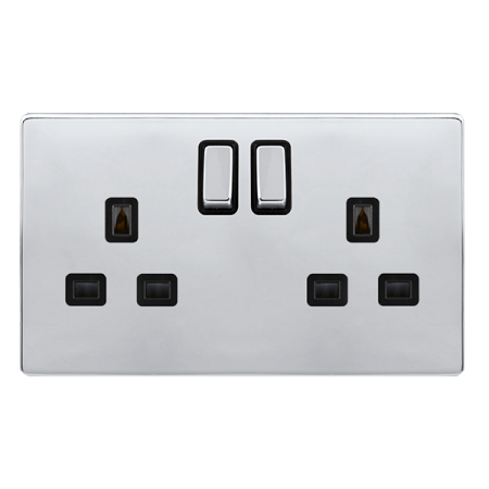 13a Ingot 2 Gang Dp Switched Safety Shutter Socket - Polished Chrome Cover Plate - Black Insert