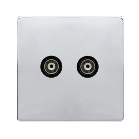 Twin Isolated Coaxial Outlet - Polished Chrome Cover Plate - Black Insert