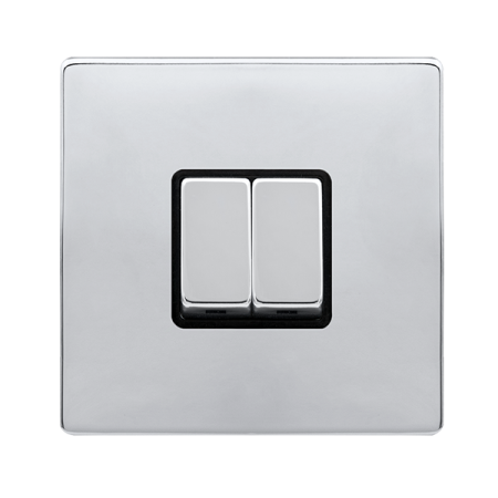 10ax Ingot 2 Gang 2 Way Switch - Polished Chrome Cover Plate - Black Insert