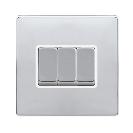 10ax Ingot 3 Gang 2 Way Switch - Polished Chrome Cover Plate - Polar White Insert