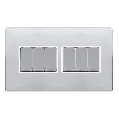 10ax Ingot 6 Gang 2 Way Switch - Polished Chrome Cover Plate - Polar White Insert