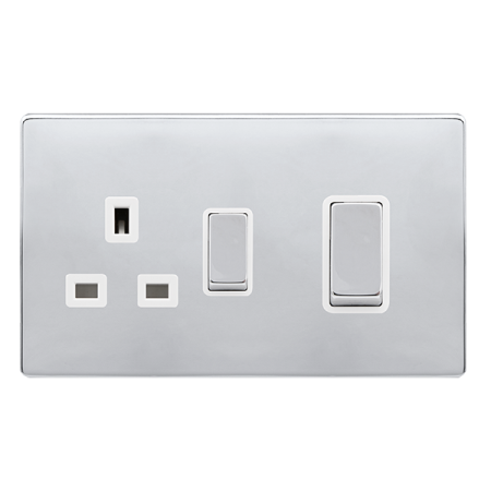 Click Definity Complete Polished Chrome with White Insert Screwless 2 Gang 50A Double Pole Switch with 13A Socket Outlet SFCH504PW