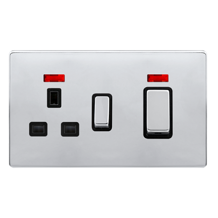 50a Ingot Double Pole Switch With 13a Double Pole Switched Socket & Neon - Polished Chrome Cover Plate - Black Insert