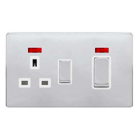 Click Definity Complete Polished Chrome with White Insert Screwless 2 Gang 50A Double Pole Switch with 13A Socket Outlet with Neon SFCH505PW