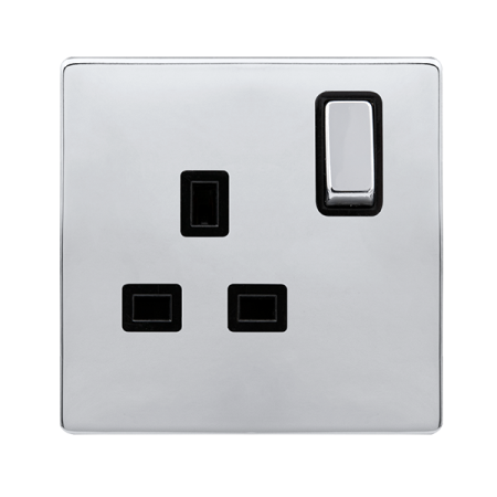 13a Ingot 1 Gang Dp Switched Socket - Polished Chrome Cover Plate - Black Insert