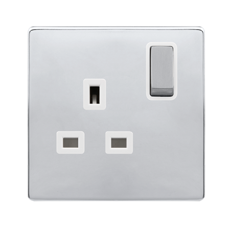 Click Definity Complete Polished Chrome with White Insert Screwless 1 Gang 13A Single Switched Socket SFCH535PW