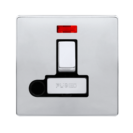 13a Ingot Switched Fused Connection Unit With Neon & Optional Flex Outlet - Polished Chrome Cover Plate - Black Insert