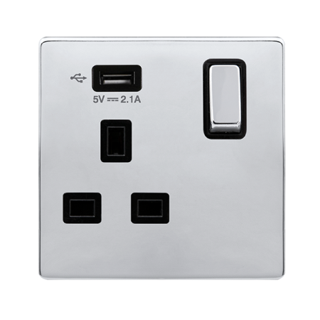 13a Ingot 1 Gang Switched Socket With 2.1a Usb Outlet - Polished Chrome Cover Plate - Black Insert