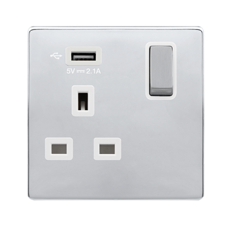 Click Definity Complete Polished Chrome with White Insert Screwless 1 Gang 13A Single Switched Socket with USB SFCH571UPW