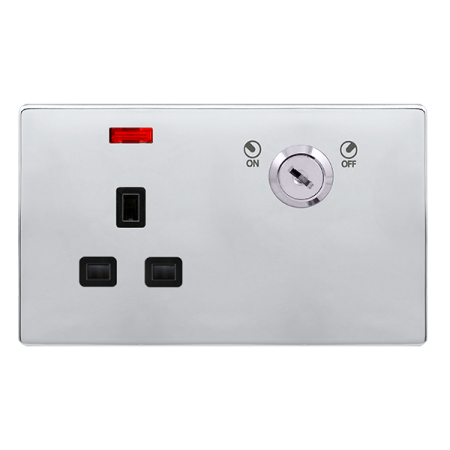 13a 1 Gang Double Pole Key Lockable Socket With Neon - Polished Chrome Cover Plate - Black Insert