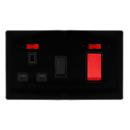 Click Definity Screwless Metal Black 50A DP Cooker Switch With Socket & Neon | SFMB205BK