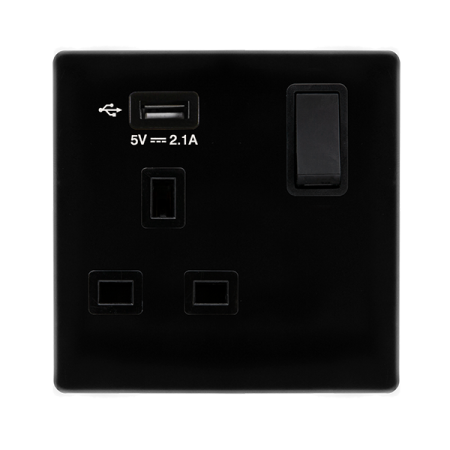 Click Definity Screwless Metal Black 13A Single Switched Socket & 2.1A USB | SFMB771UBK