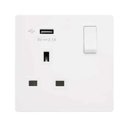Click Definity Metal Matt White 13A Single Socket & 2.1A USB Port | SFMW771UPW