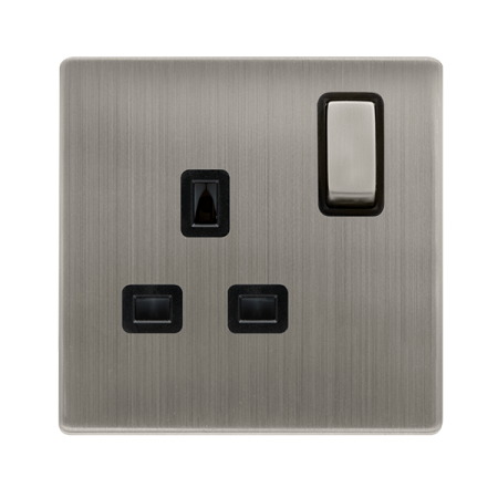 13a Ingot 1 Gang Dp Switched Safety Shutter Socket - Stainless Steel Cover Plate - Black Insert