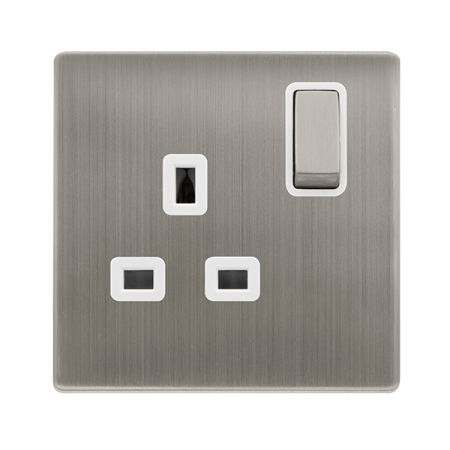 13a Ingot 1 Gang Dp Switched Safety Shutter Socket - Stainless Steel Cover Plate - Polar White Insert