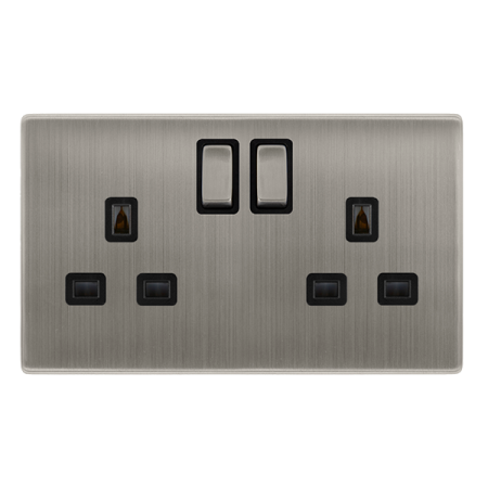13a Ingot 2 Gang Dp Switched Safety Shutter Socket - Stainless Steel Cover Plate - Black Insert