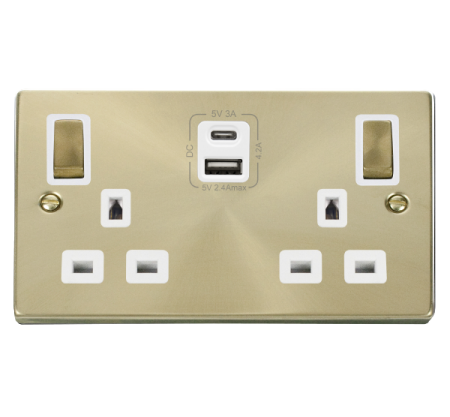 Click Deco Satin Brass Type A & C Usb Double Socket Vpsb586wh