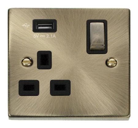 Click Deco Antique Brass USB Single Switched Socket | VPAB571UBK