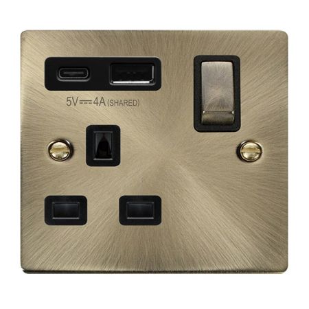 Click Deco Antique Brass USB A & C Port 13A Single Socket | VPAB585BK