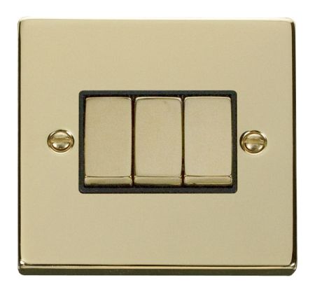Click Deco Ingot Polished Brass 3 Gang Light Switch Black Insert VPBR413BK