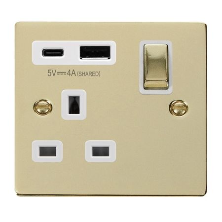 Click Deco Polished Brass USB A & C Port 13A Single Socket White Insert | VPBR585WH