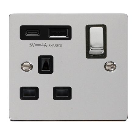 Click Deco Polished Chrome USB A & C Port 13A Single Socket Black Insert | VPCH585BK