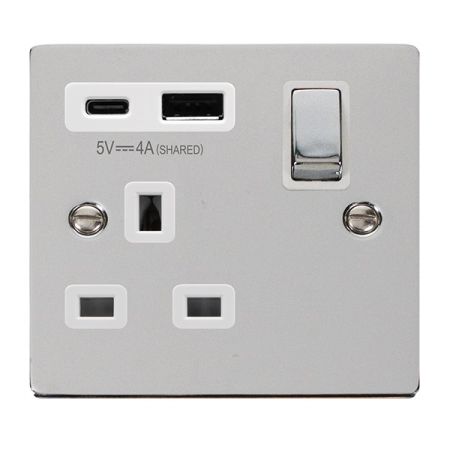 Click Deco Polished Chrome USB A & C Port 13A Single Socket White Insert | VPCH585WH