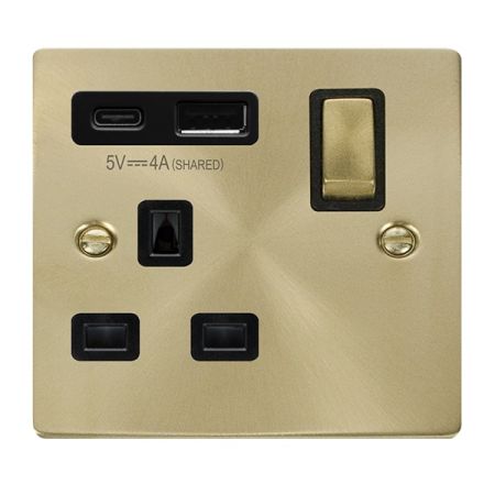 Click Deco Satin Brass USB A & C Port 13A Single Socket Black Insert | VPSB585BK