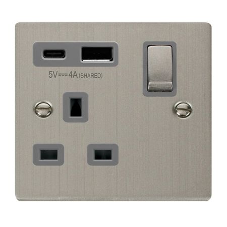 Click Deco Stainless Steel USB A & C Port 13A Single Socket Grey Insert | VPSS585GY